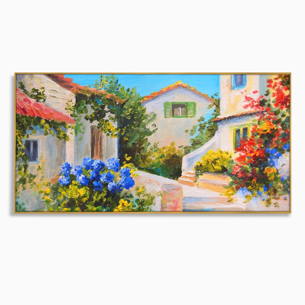 Tablou canvas cu pictura peisaj mediteranean cu case, in rama de aluminiu auriu